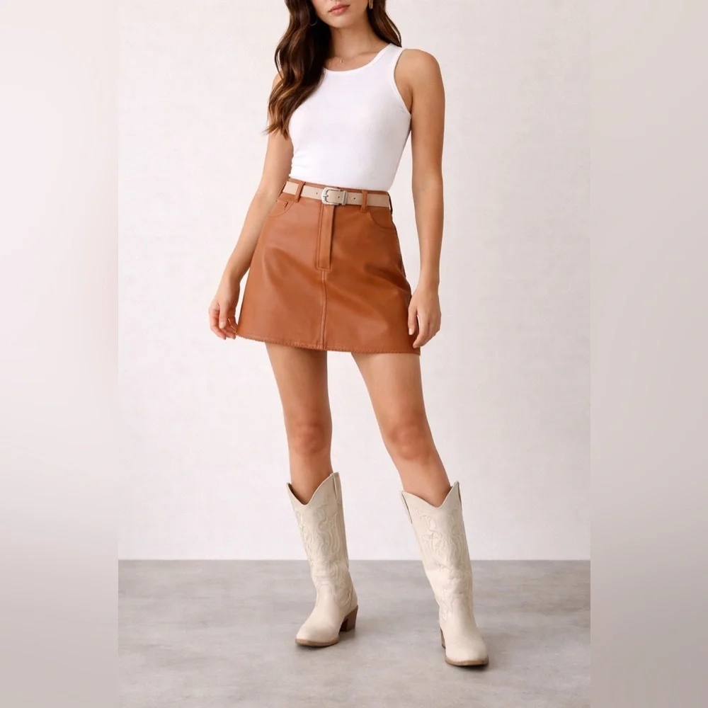 Chocolate Brown Vegan Leather Mini Skirt High Waisted Size L